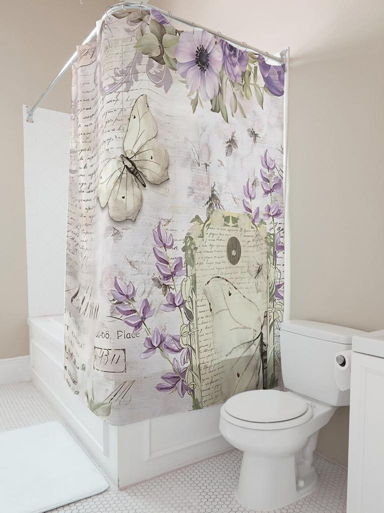 Elegant Purple Flower Butterfly Design Waterproof Heat Resistant Machine Washable Bath Curtain Suitable for Wet & Dry Separation