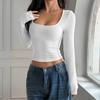 Women's Fashionable Solid Color Long Sleeved Square Neck Slim Fit Sexy Base Shirt T-shirt Top
