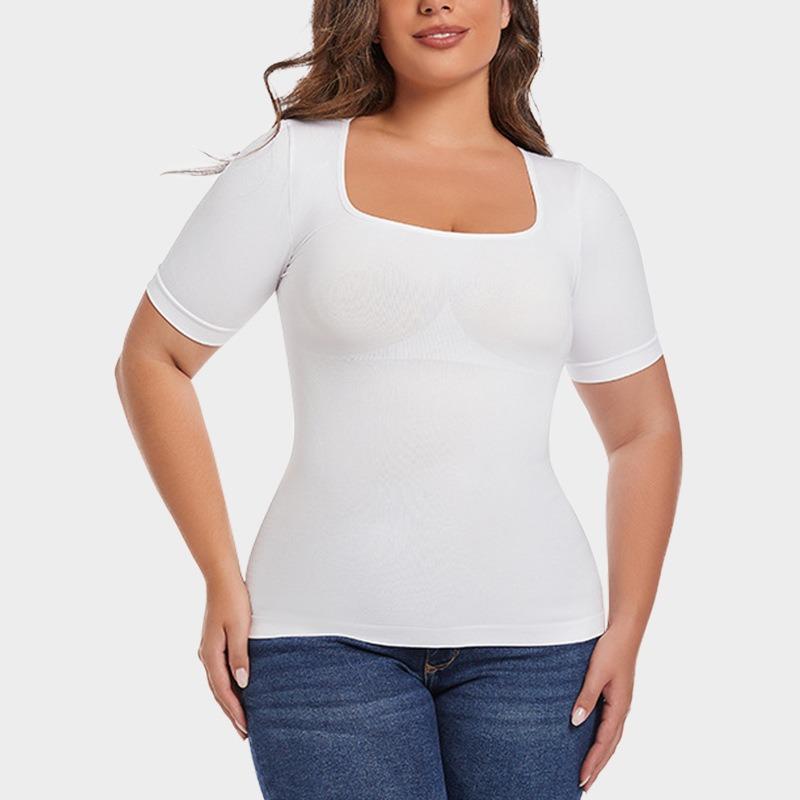 Women Plus Size Short Sleeve Seamless Tummy Control Body Shaper Shapewear Top