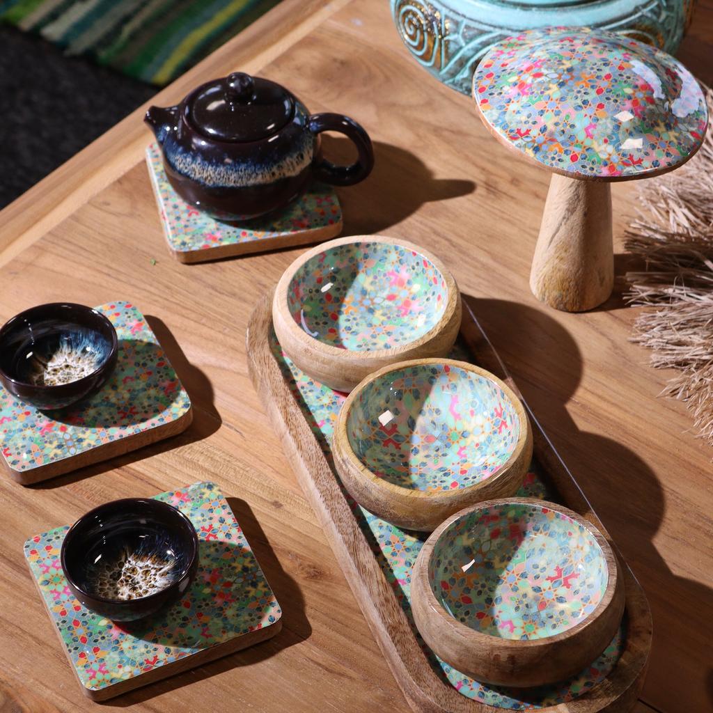 Serving Tray With 3 Ceramic Bowls, Mango Wood