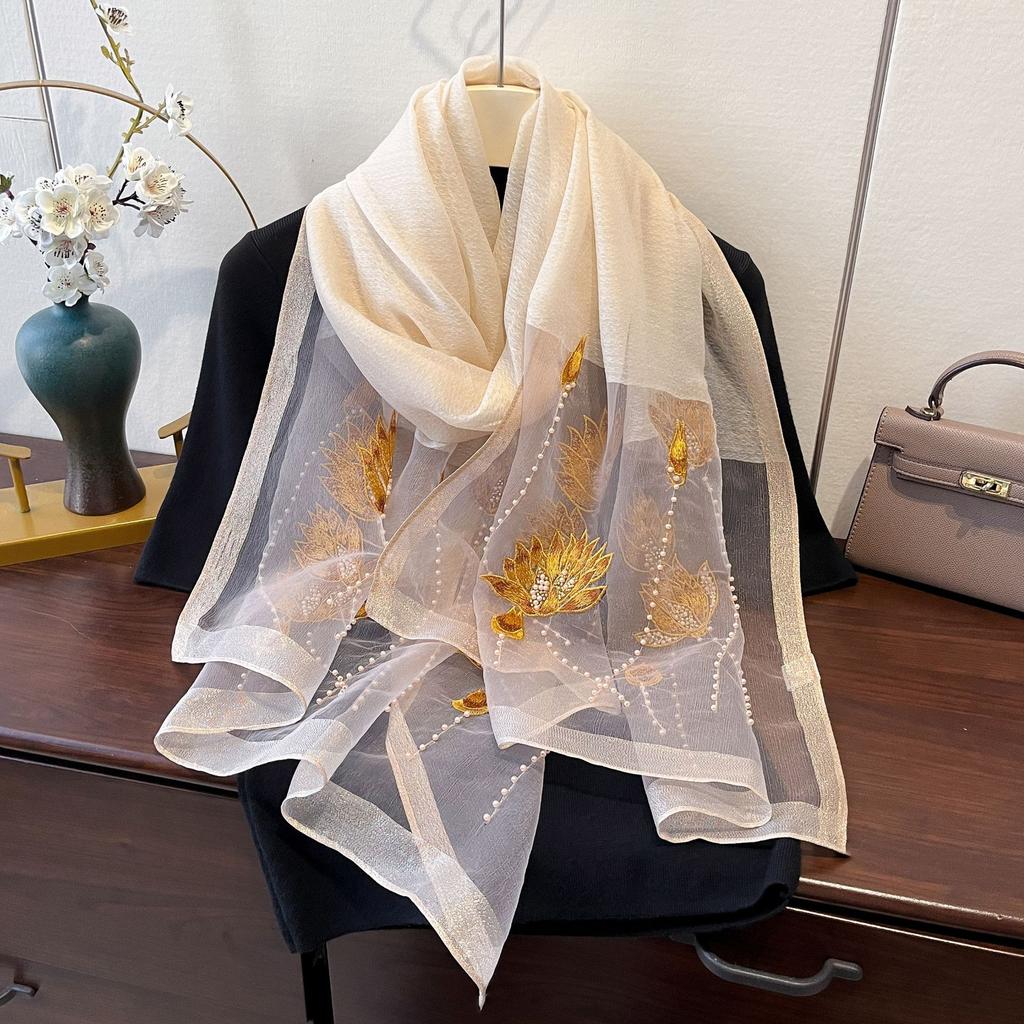 New Korean Style Silk-blend Scarf for Women Thin Embroidered High-end Fashion Exterior Shawl Scarf