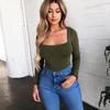 European and American Slim Fit Square Collar Long Sleeve Casual Women's T-Shirt