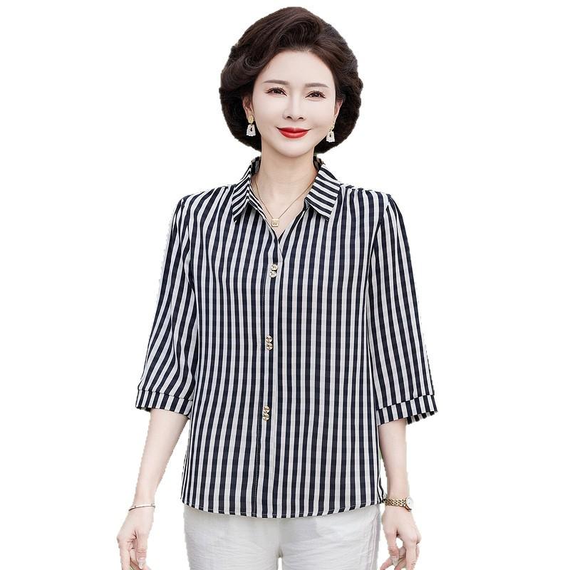 Summer Strip 3/4 Sleeve Shirt for Middle-Aged Women - Plus Size Slimming Top