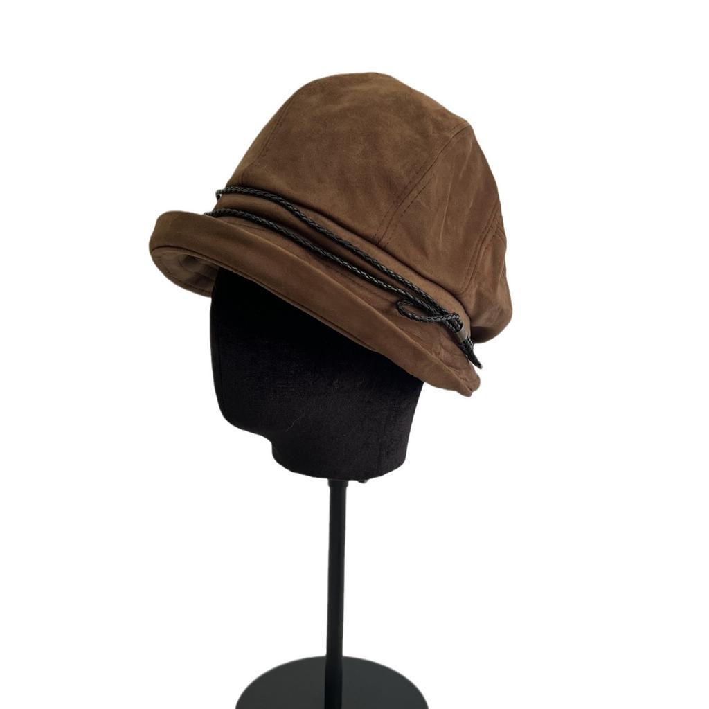 Suede bucket hat women's pleated basin hat retro autumn and winter versatile face small shade flanged hat tide