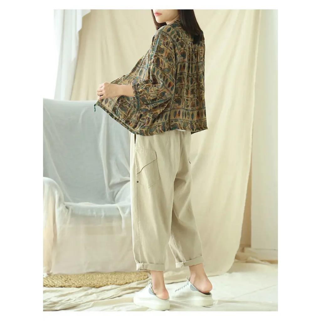 Cotton Linen Women Shirt Vintage Oversized Floral Print Blouses Harajuku Leisure Loose Ladies Casual Button Up Shirts Tops Mujer