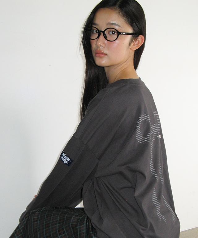 RONRON Type Heart Ribbon Over Fit Long Sleeve Charcoal