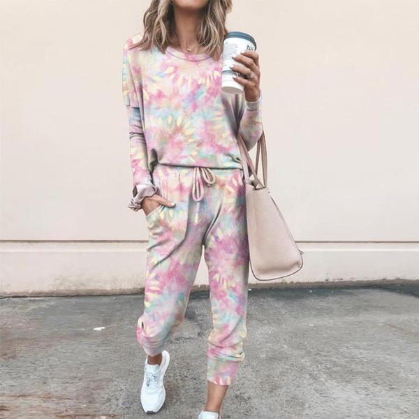 

Новые модные женские комплекты из двух предметов с принтом тай-дай, толстовки с круглым воротником и длинными рукавами и эластичные спортивные штаны с высокой талией XXL розовый