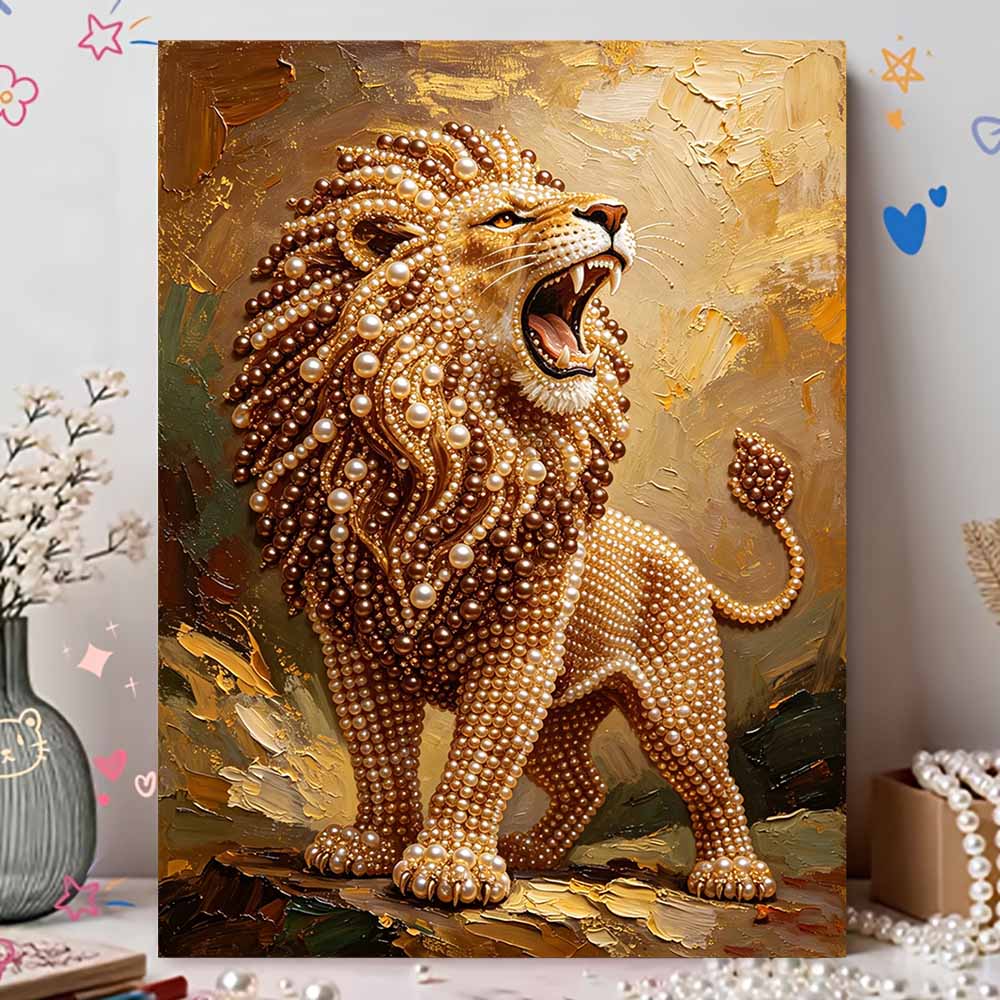 DIY Pearl Bead Art Canvas Lion Pattern Frameless Creative Craft Painting Kit for Relaxing Home Wall Decoration