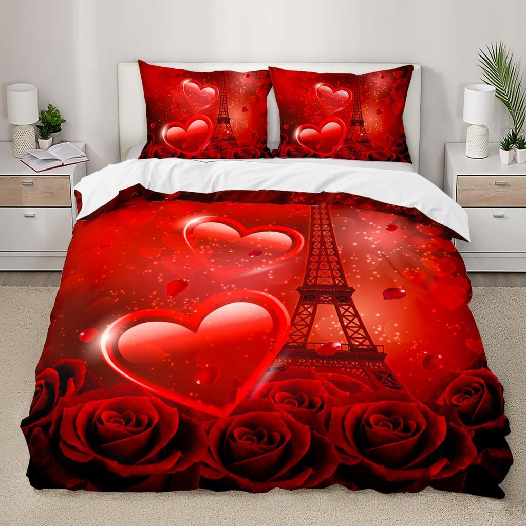 Red Rose Duvet Cover Set King Size, Red And White Comforter Cover Sets With Zipper Closure, Romantic Hearts Lover Bedding Set