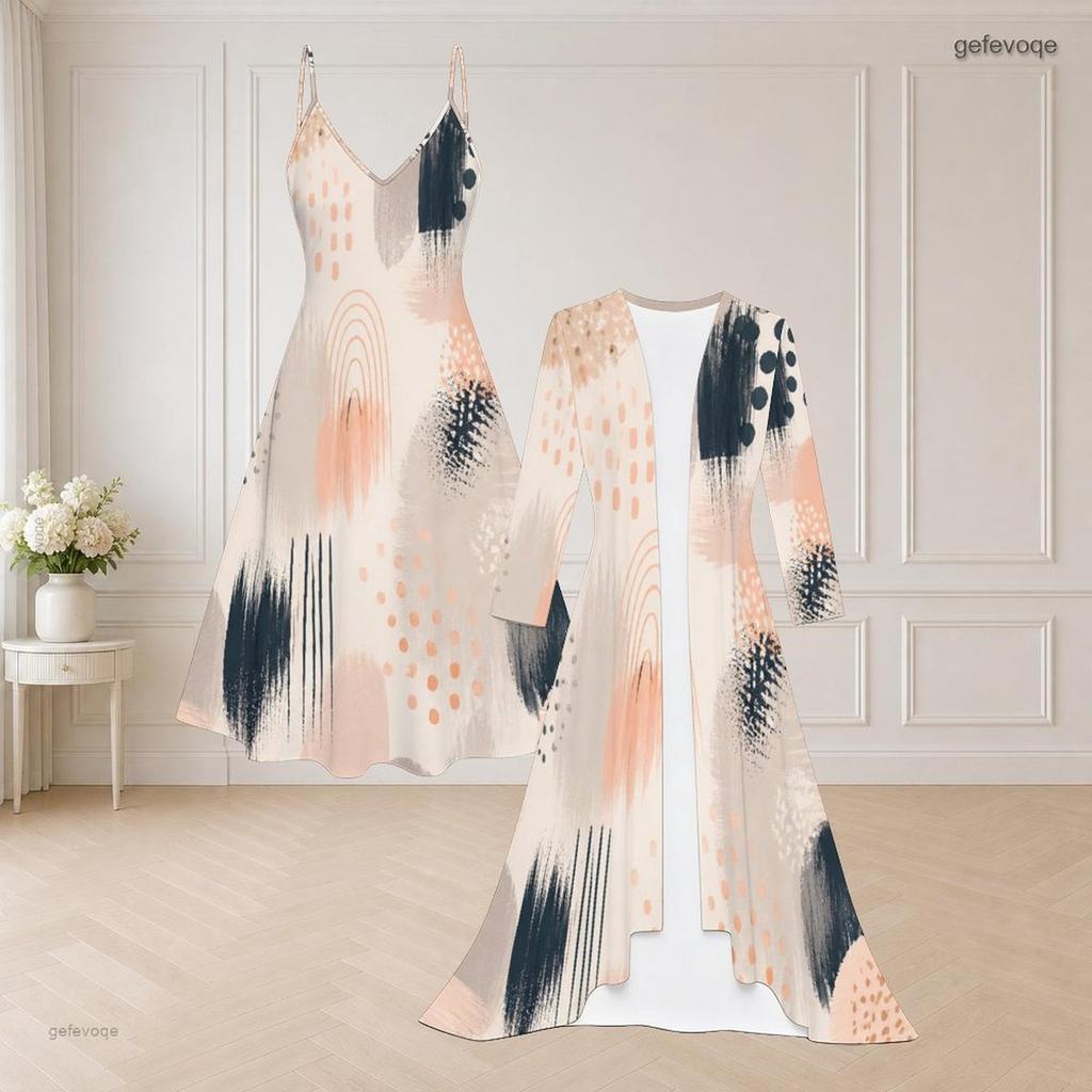 Women Plus Size Printed Two Piece Set Long Sleeve Open Front Cardigan Strappy V Neck Flared Dress