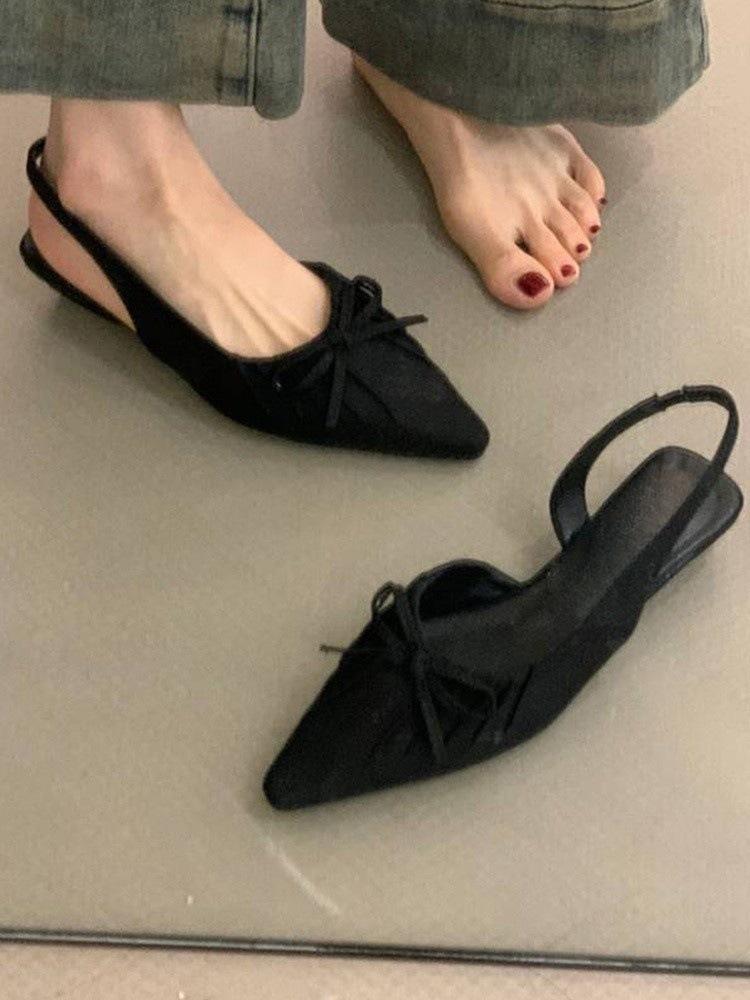 French Evening Breeze Gentle Folds Pointed Toe Bag Head Sandals Women's Spring and Summer Outer Wear Empty Flat Heel