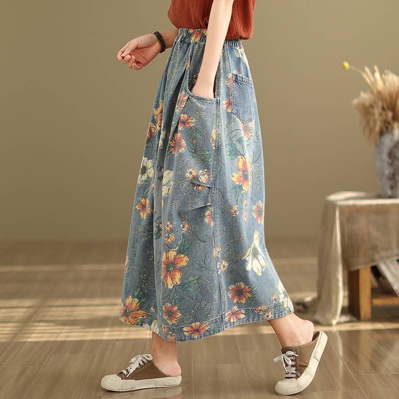 Elastic Waist Denim Skirt Women's Spring and Summer Literary Retro Loose Casual Printing Stitching Mid-length Women's Skirt