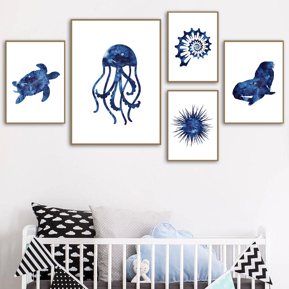 Nautical Navy Blue Sea Urchin Shell Starfish Octopus Turtle Poster Wall Art Print Canvas Painting Baby Bathroom Bedroom Decor