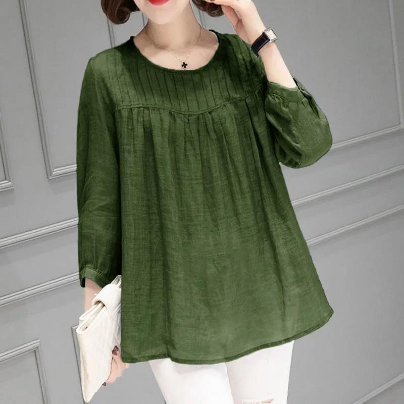 Summer Women's Clothing Solid Cotton Linen Round Neck Short Sleeve Female Clothing Large Loose Slim Breathable Casual Tops