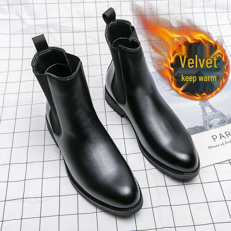 Men s Winter Fleece-lined Chelsea Boots - Leather Slip-on Pointed Toe, Business Casual British Style. 42