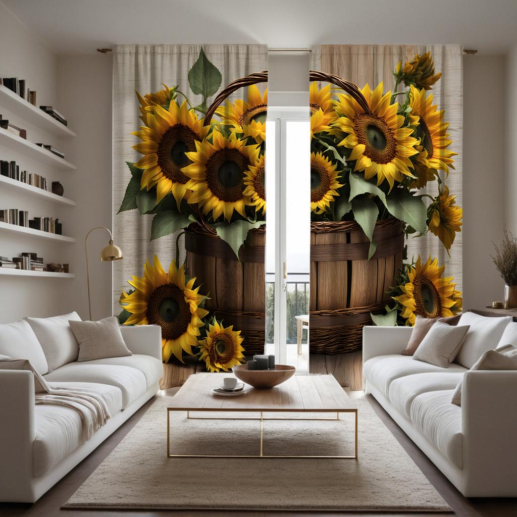 2 Pieces of HD Basket with Sunflower Flowers Decorative Curtain Yellow Digital Printed Curtain Home Decoration Style Decoration