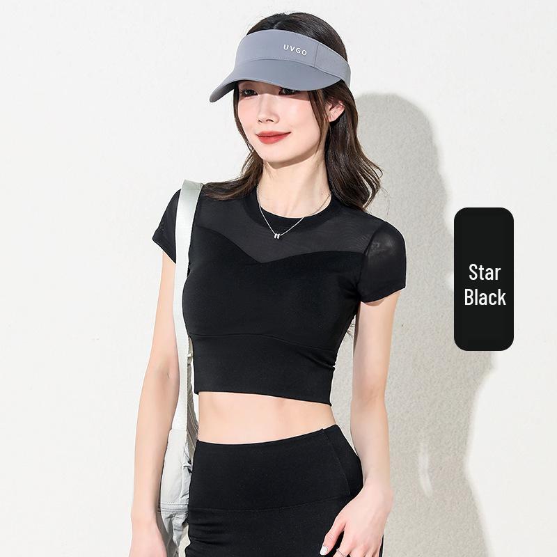 

Весенне-летняя сетчатая укороченная майка для йоги, цельная, с нагрудными вкладышами - с коротким рукавом, эластичная фитнес-футболка XXL