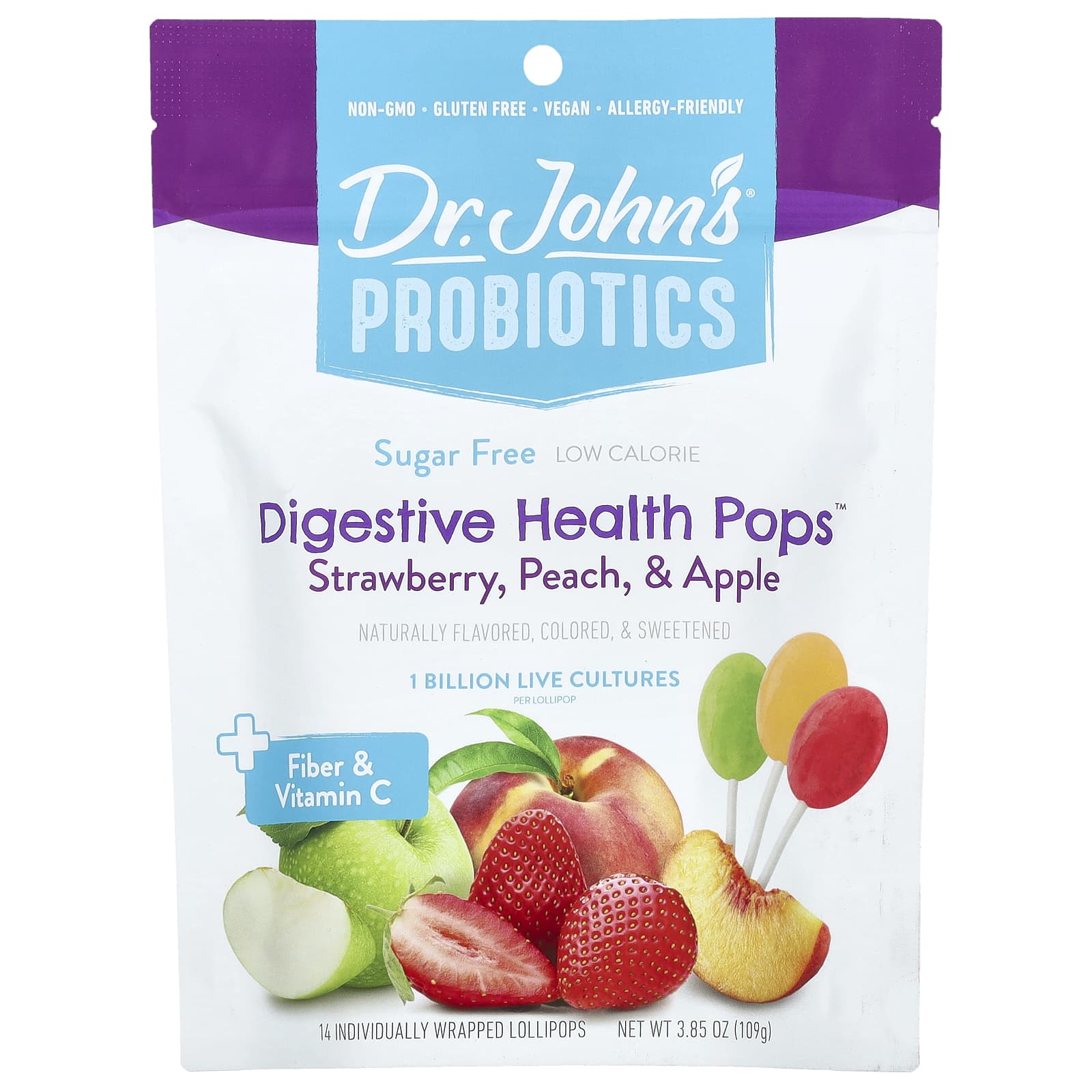 

Dr. John s Healthy Sweets Пробиотики, Digestive Health Pops™, + Клетчатка и витамин C, Клубника, Персик и Яблоко, 109г (3.85 унции)