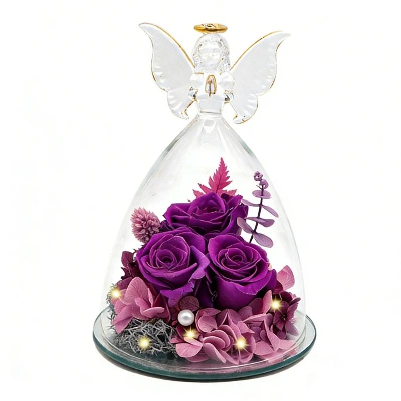 Benutzerfreundliche Glasglocke mit konservierter Rose und Engelsfigur Display-Ornament für nachhaltiges Wohnen Heimdekorationen Geschenk violett