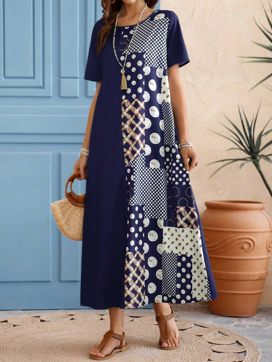 Women s Summer Round Neck Short-Sleeve Dress With Pattern Patchwork S