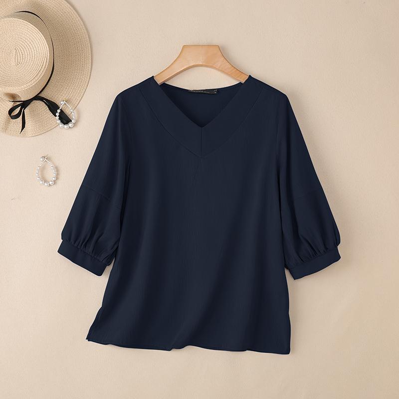 

ZANZEA Женская повседневная однотонная блузка с v-образным вырезом и рукавами 3/4 5XL тёмно-синий