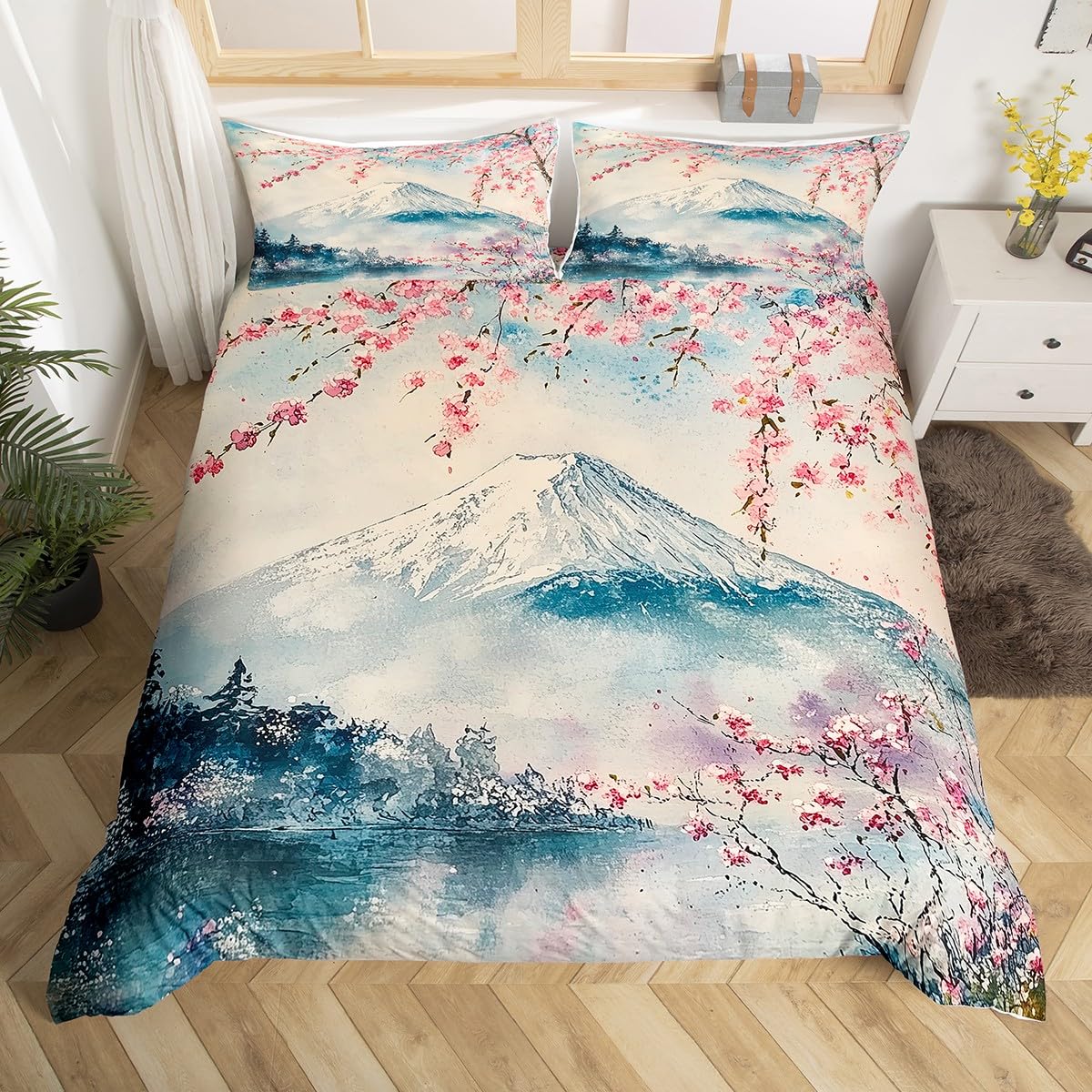 

Japanese-Style Bedding Set for Kids Boys Girls Mount Fuji Comforter Cover Cherry Blossoms Duvet Cover Queen Size for Teens Adult EU Single(135x200cm)