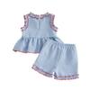 Toddler Girls Sleeveless Top and Shorts Set Gingham Pattern Embroidered Flag Detail Summer Outfit Lightweight Breathable Fabric