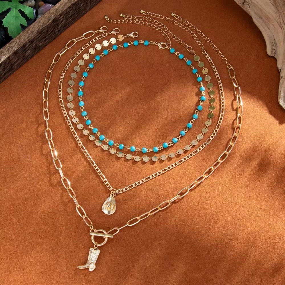Ethnic Style Turquoise Stone Necklace Golden Multi-layer Necklace Retro Jewelry Set  Women