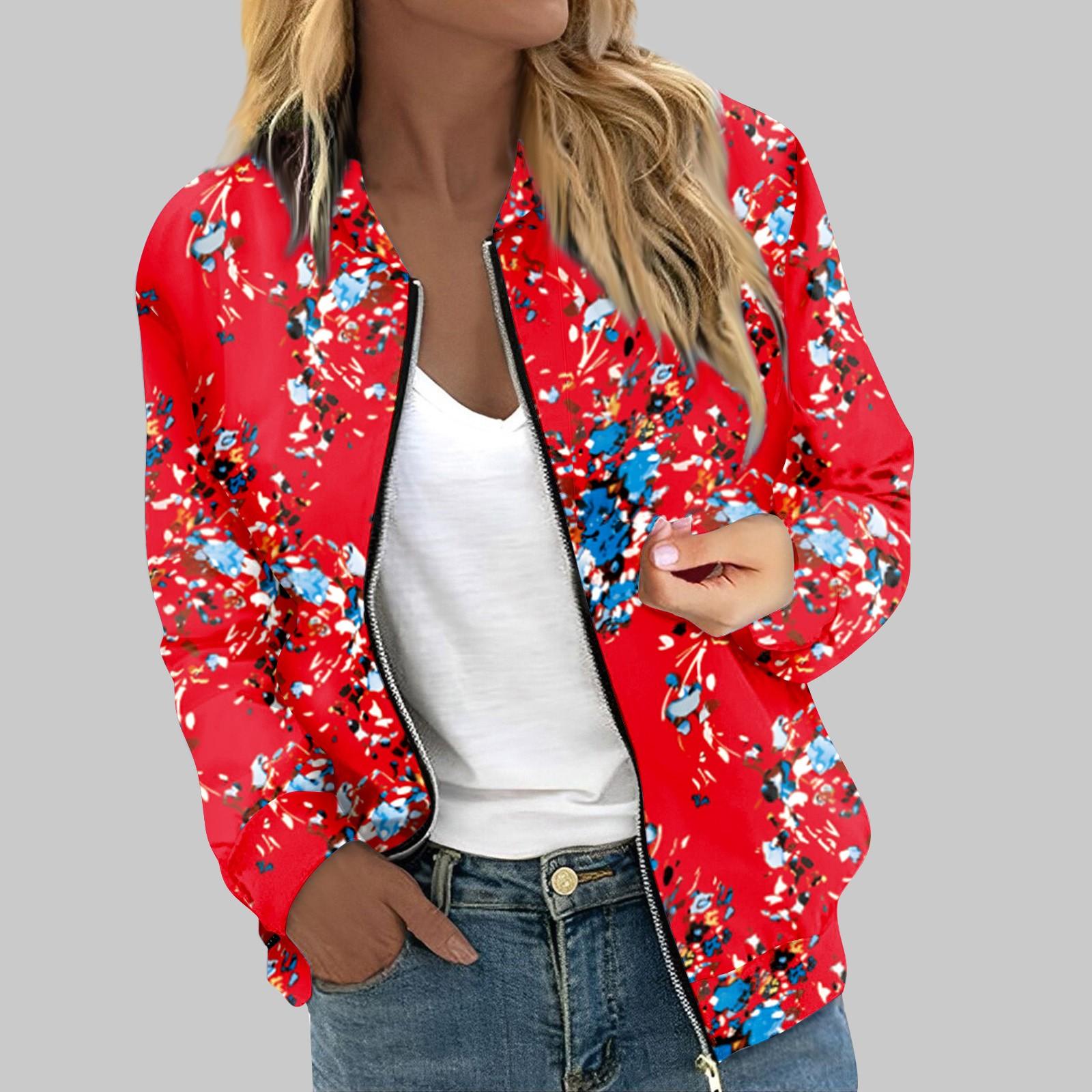 

Верхній жіночий верхній одяг з принтом і довгими рукавами, повсякденні топи на блискавці, сорочка, тонка куртка для жінок XL червоний