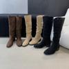 2025 new autumn and winter long tube stacking boots thick heel square head medium tube thin knight boots
