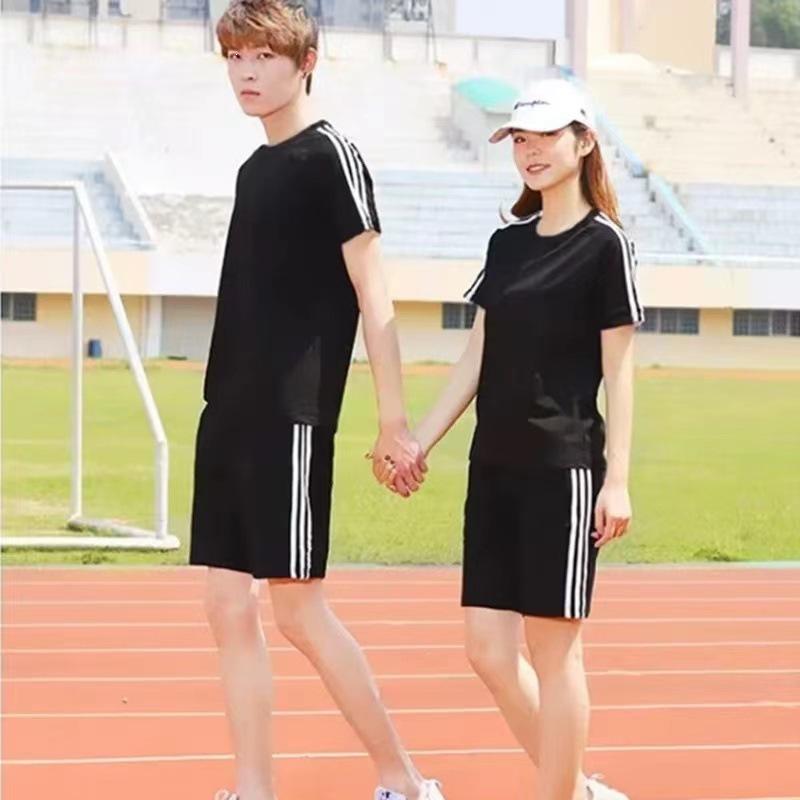 Unisex Trendy Three-Stripes Casual Sports Suit - Plus Size Short Sleeve and Shorts Set