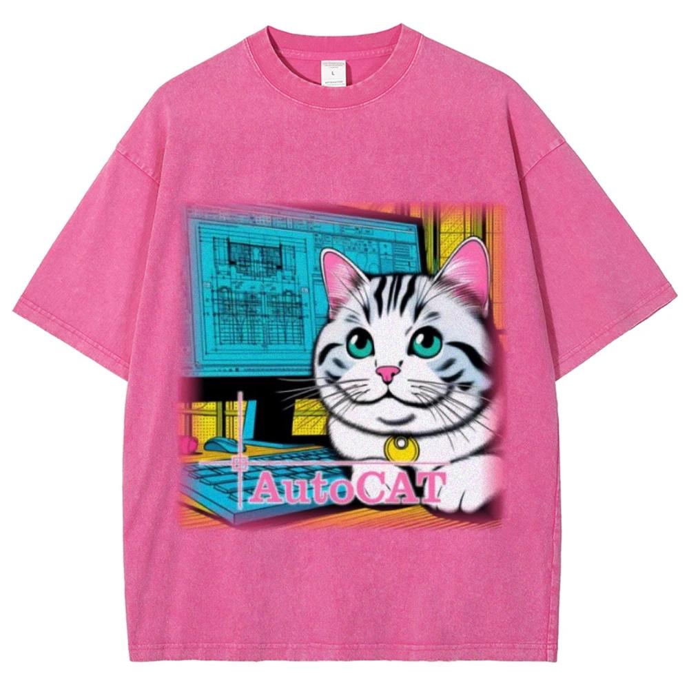Water Wash vintage retro T-shirt big eyes cute cartoon cat print summer men's and women's Loose short sleeve