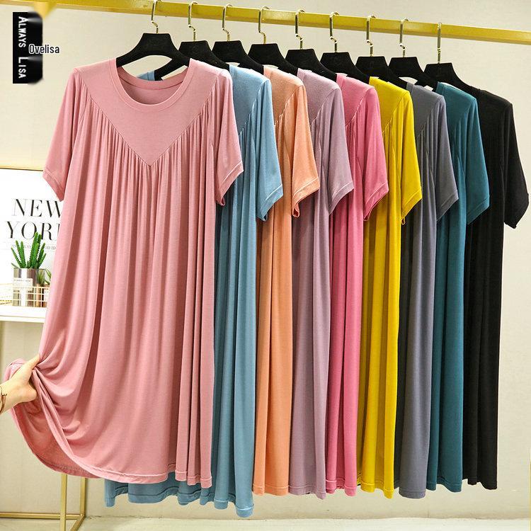 Summer Plus Size Modal V-Neck Pleated Dress - Casual Loose Short Sleeve Sleepwear
