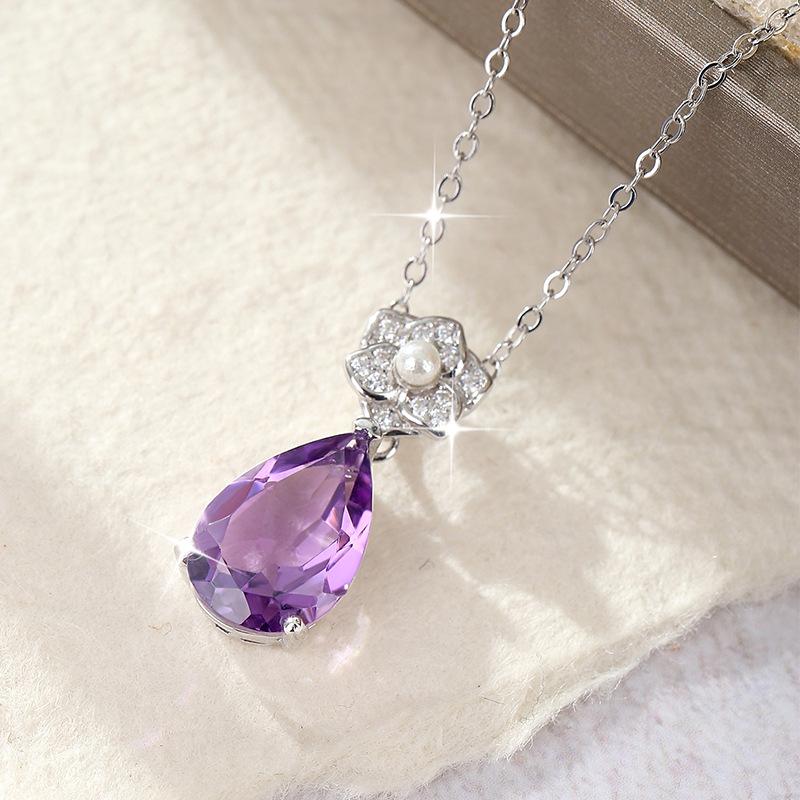 Natural Stone Crystal Pendant S925 Silver Necklace Female European and American Style High-end Crystal Clean Ice Flower Cut Colored Treasure Pendant