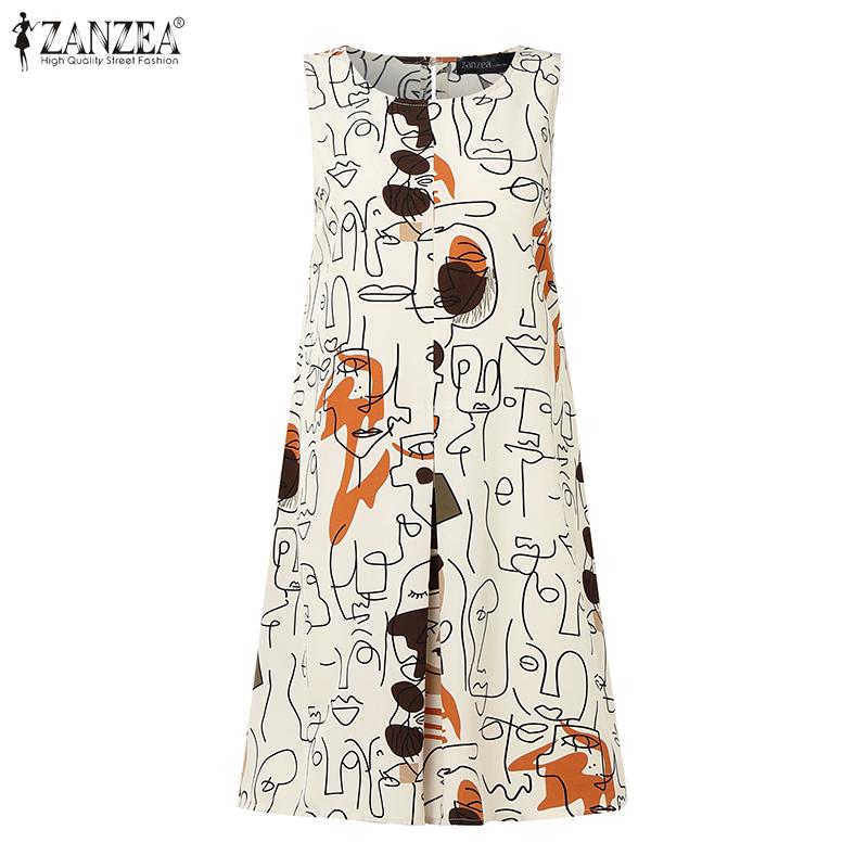 ZANZEA Women Casual Round Neck Summer Sleeveless Print Dress