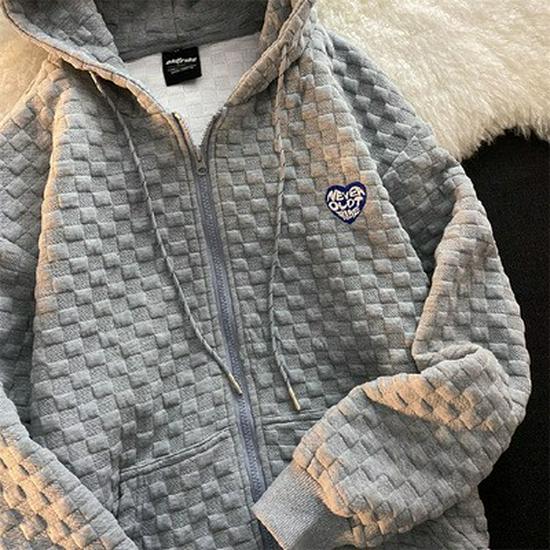 Women's Loose Fit Waffle Jacket - Spring/Autumn, BF Style, Zipper Cardigan Sweater