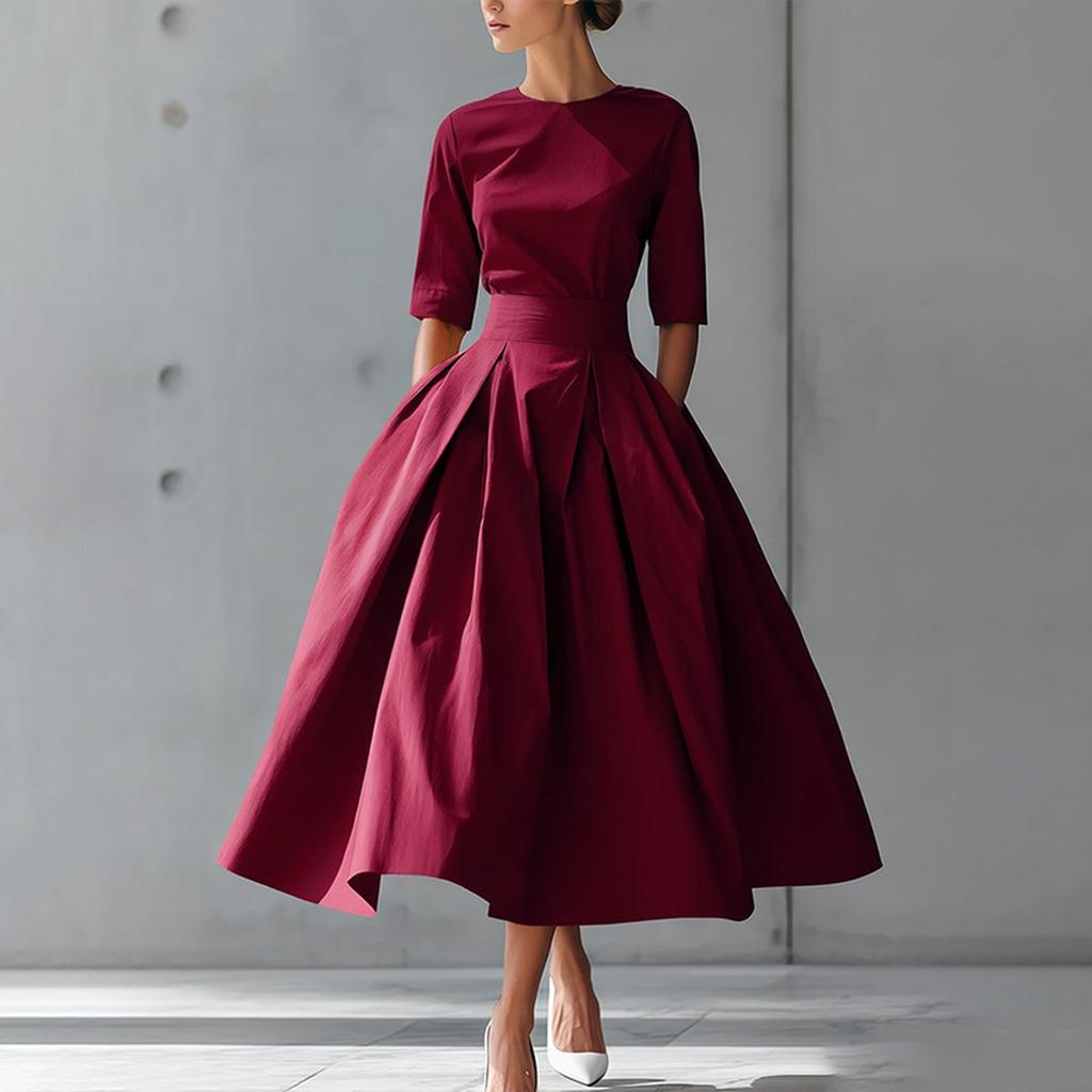 Elegant Women's Midi Dress with Waist Belt and Flared Skirt Classic Round Neck Half Sleeve Formal Wear for Various Occasions