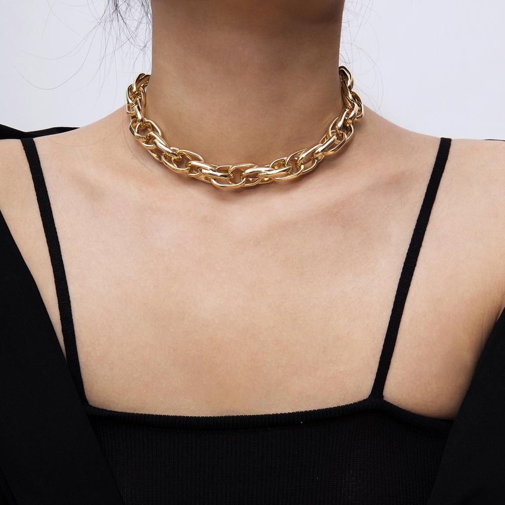 Punk Miami Cuban Choker Necklace Collar Statement Hip Hop Big Chunky Aluminum Gold Color Thick Chain Necklace Women Zircon