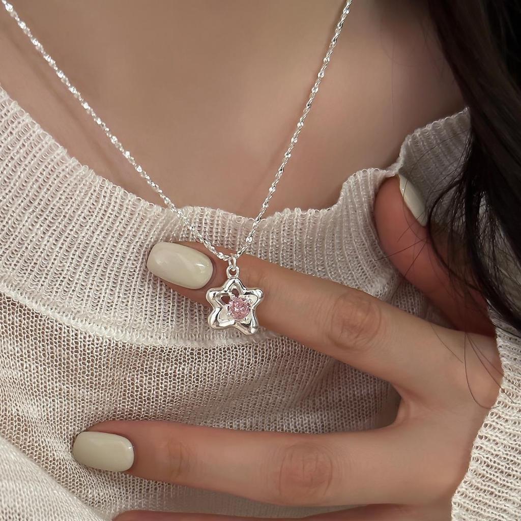 Elegant Korean Style S925 Silver Pink Star Zircon Necklace - Trendy Women's Clavicle Chain Choker