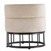 Beige velvet round pouffe with storage on black legs for the living room