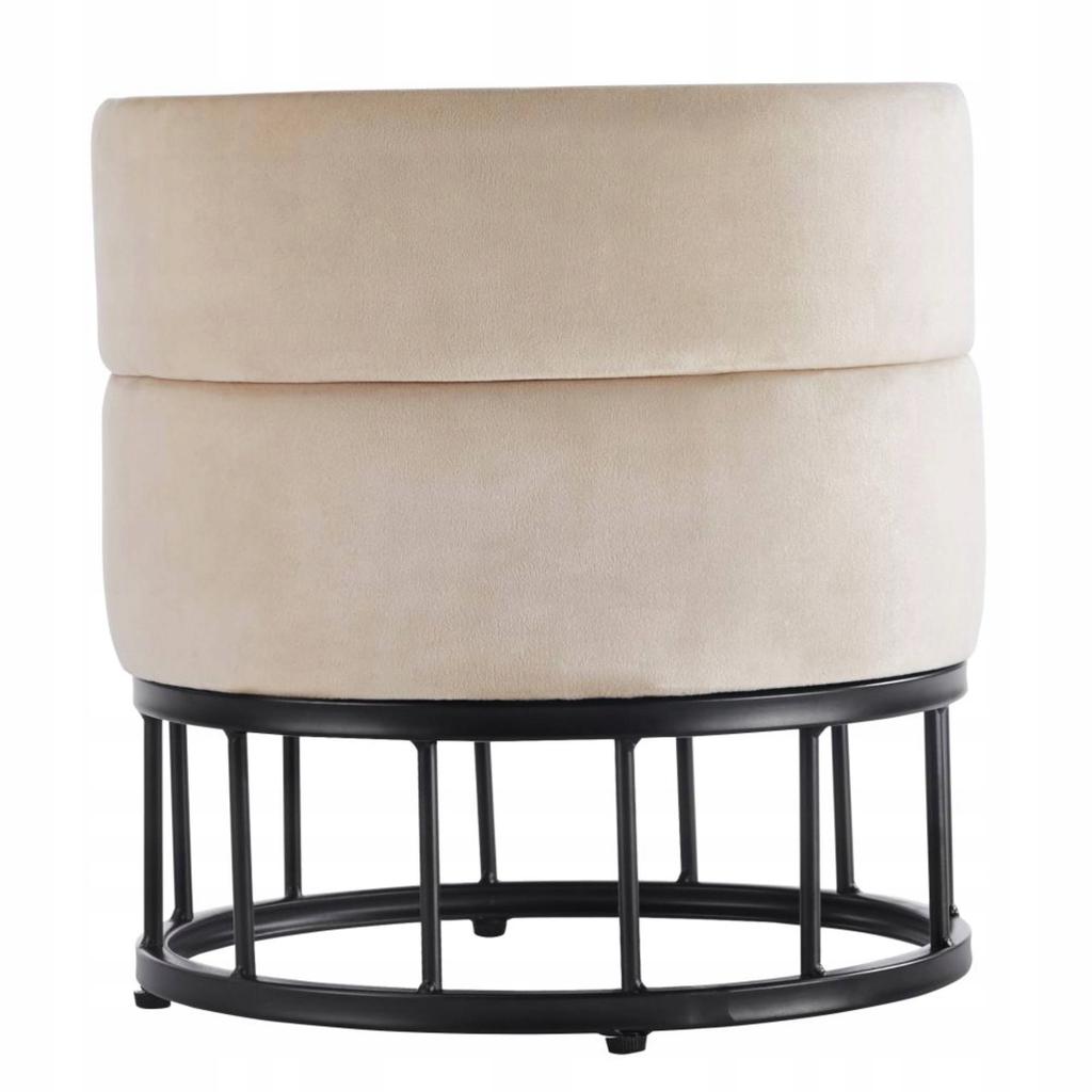 Beige velvet round pouffe with storage on black legs for the living room