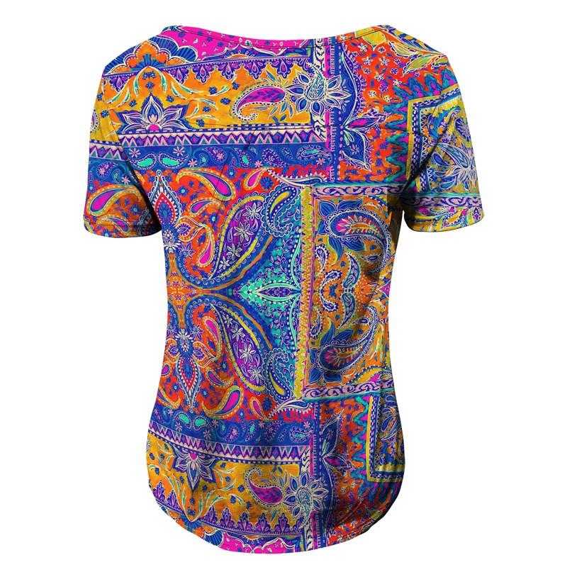 Ladies Casual V Neck Short Sleeve T-Shirt Print Button Top