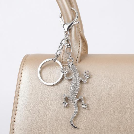 Keychain Pendant Sparkling Rhinestones Gecko Shape Zinc Alloy Key Holder with Electroplated Lobster Clasp Backpack Accessory