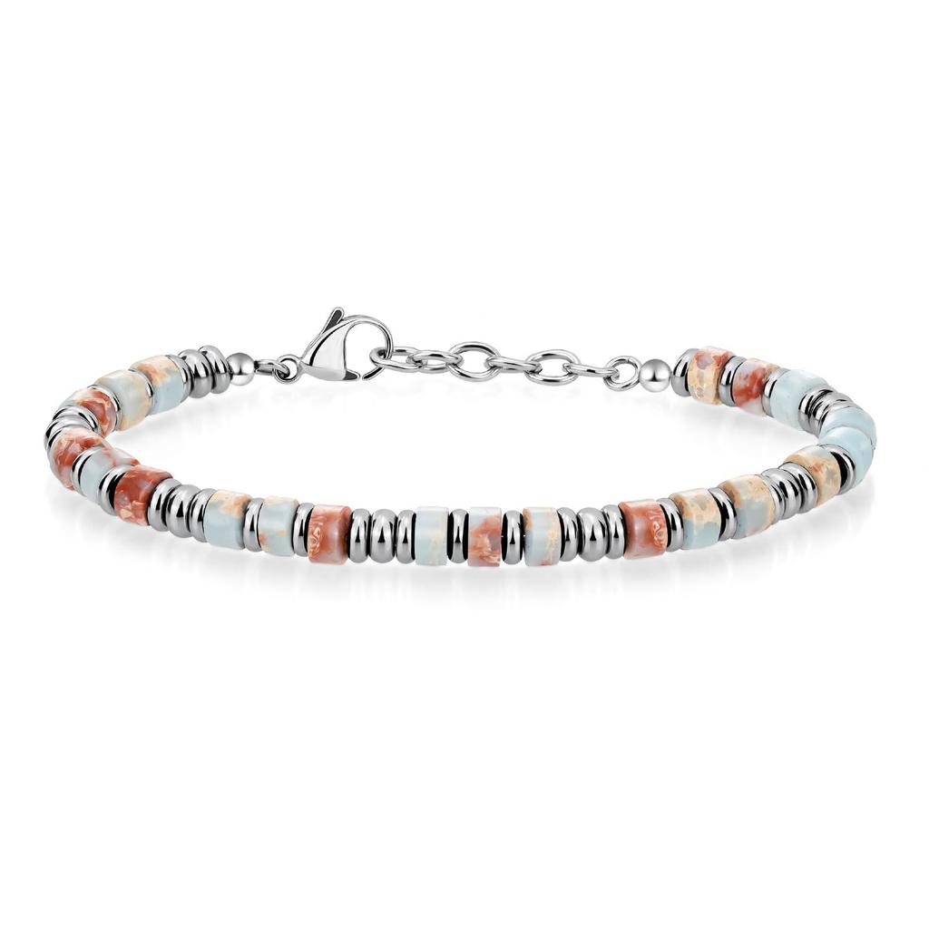 Bohemian chain bracelet, natural stone flat bead stainless steel chain, holiday gift, obsidian chain bracelet.