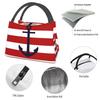 Nautical Navy Blue Anchor On Red Stripes Portable Lunch Box Leakproof Sailing Sailor Thermal Cooler Food Insulated Lunch Bag