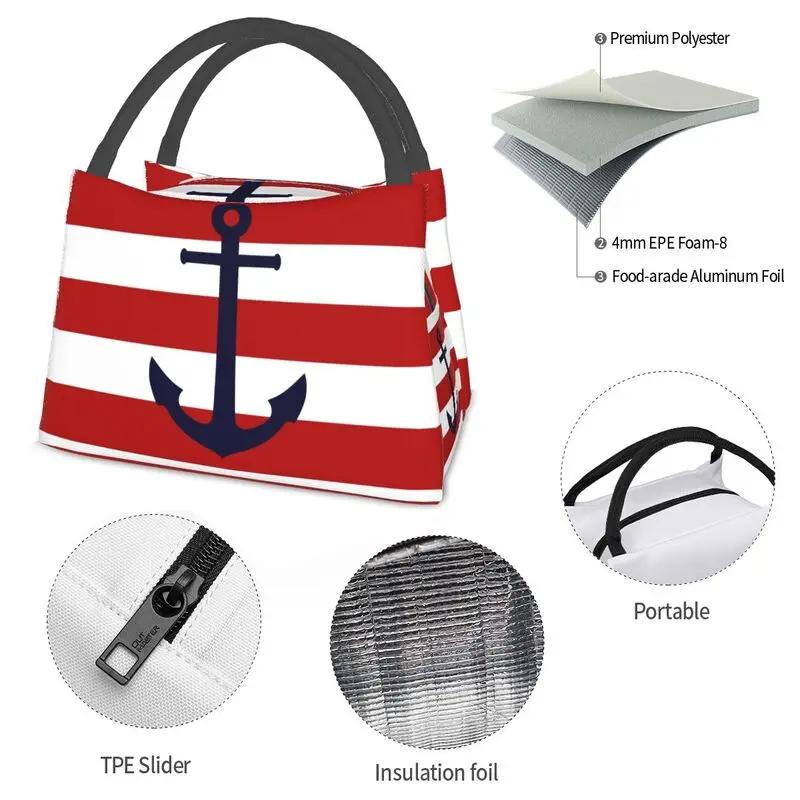 Nautical Navy Blue Anchor On Red Stripes Portable Lunch Box Leakproof Sailing Sailor Thermal Cooler Food Insulated Lunch Bag