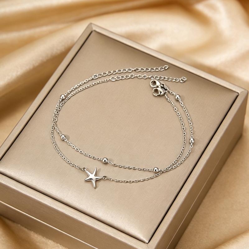 2026 New Stainless Steel Foot Chain for Women Minimalist Metal Five Pointed Star Double-Layer Anklets Seaside Vacation Zircon