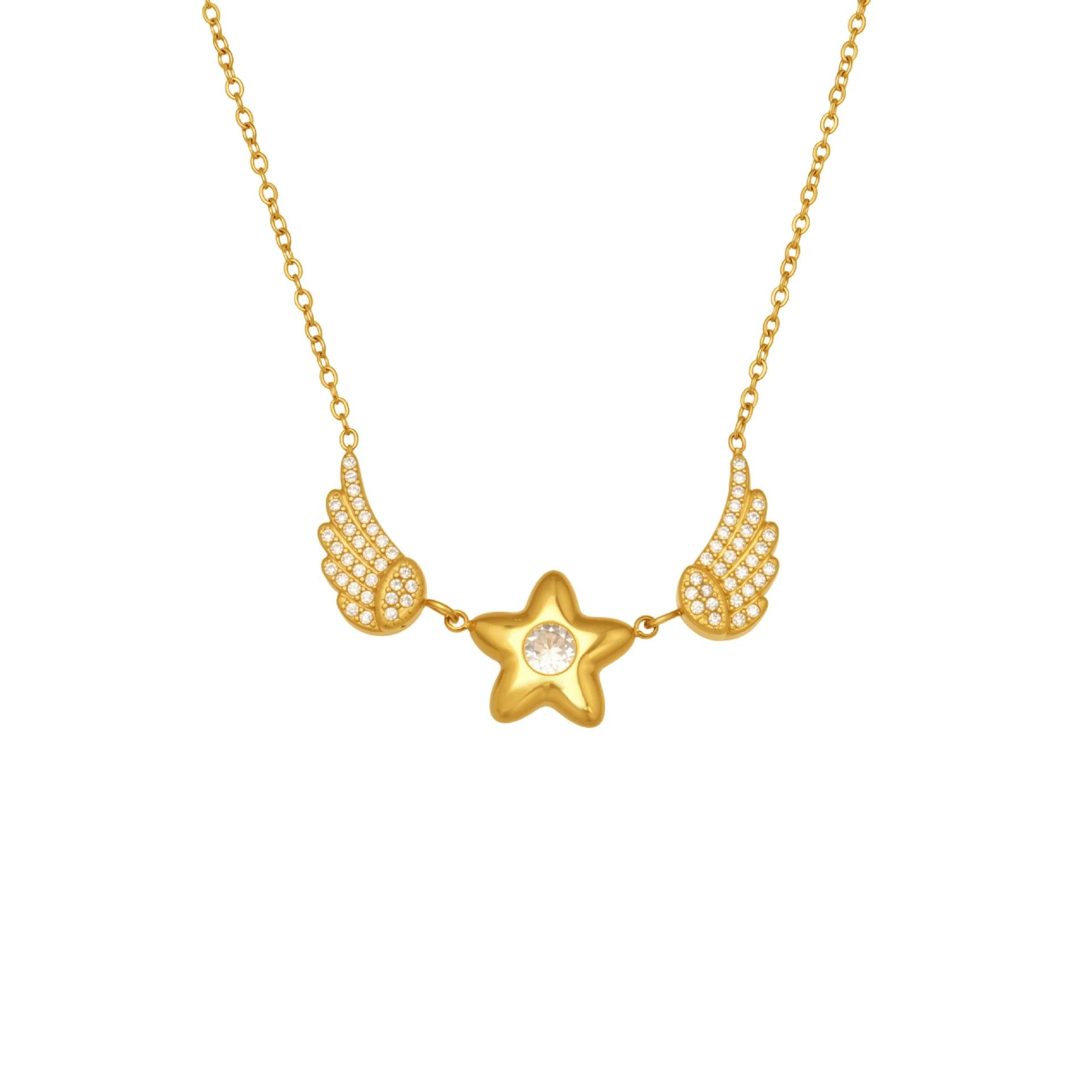 Collar con colgante de estrella y alas de circonita para mujer, cadena de clavícula elegante