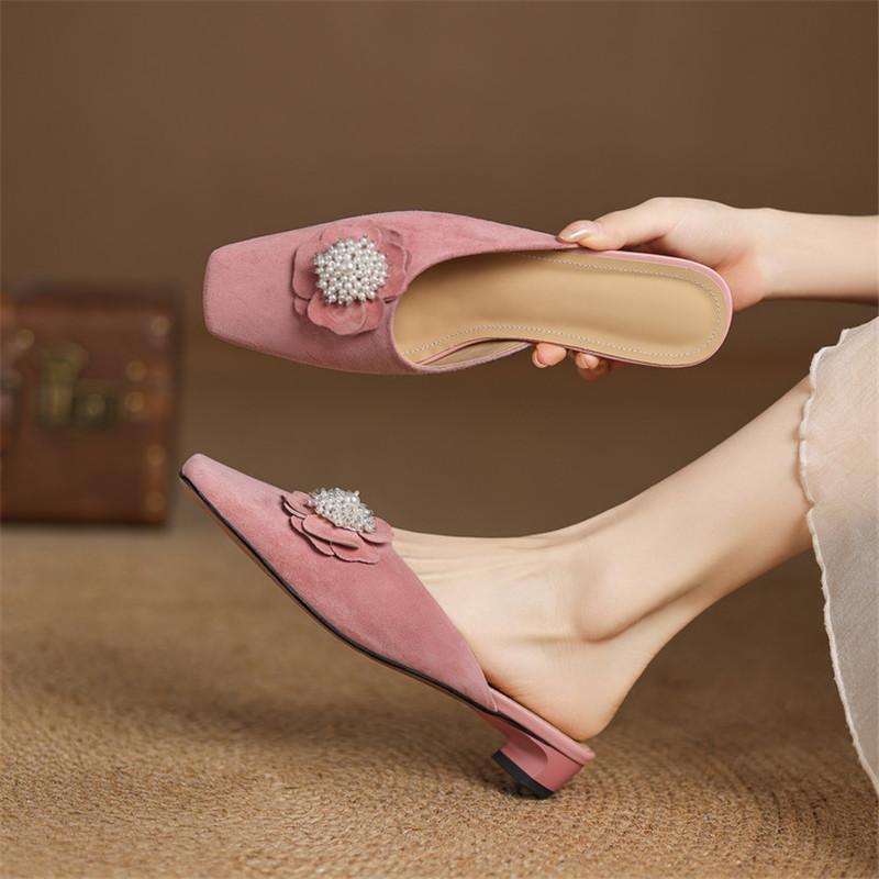 Fashion New Summer Slippers Sheep Suede Slippers for Women Fashion Flower Square Toe Ladies Shoes Low Heels Cover Toe Slippers Sandals