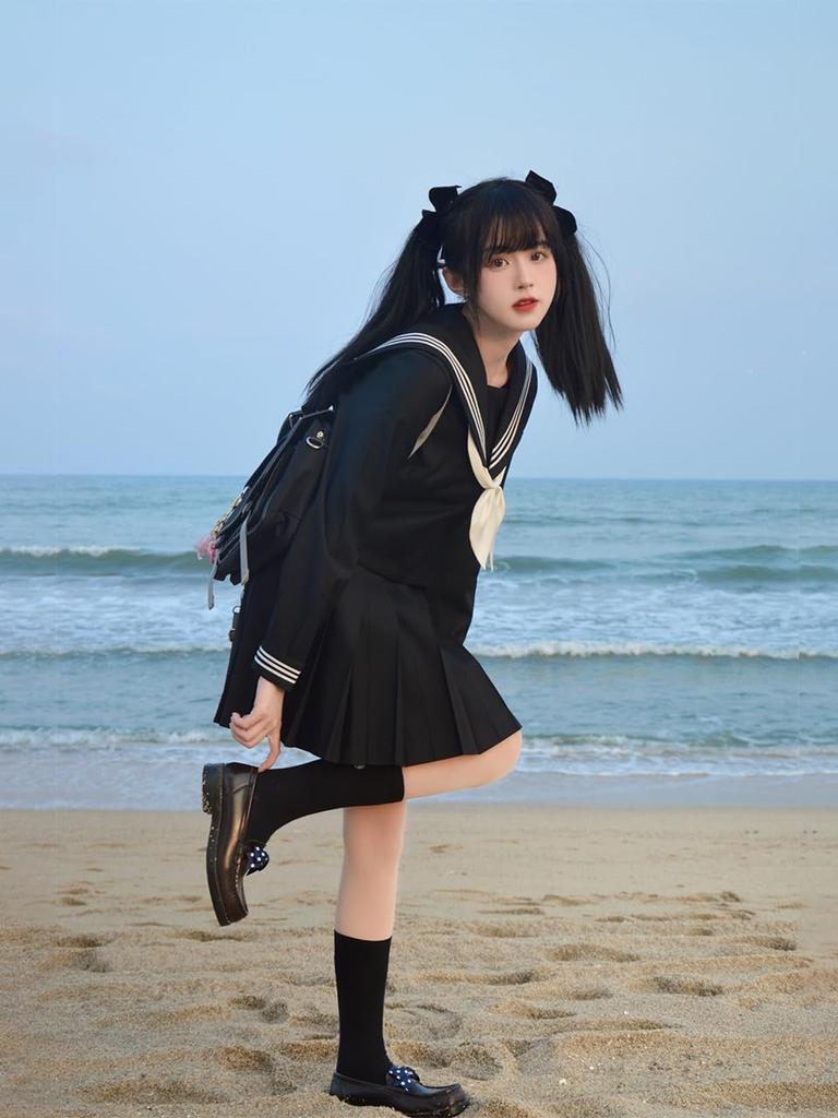 Sailor Authentic Three Long Cosplay Pleated Top and Bottom High Graduation School Goldfish Knot [YAISHN] Uniform, Uniform, Black, White, Lines,